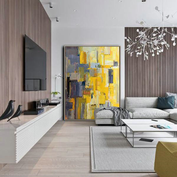 Handmade Extra Large Contemporary Painting,Vertical Palette Knife Contemporary Art,Huge Canvas Art On Canvas,Yellow,Purple,Beige,Brown,Taupe.etc